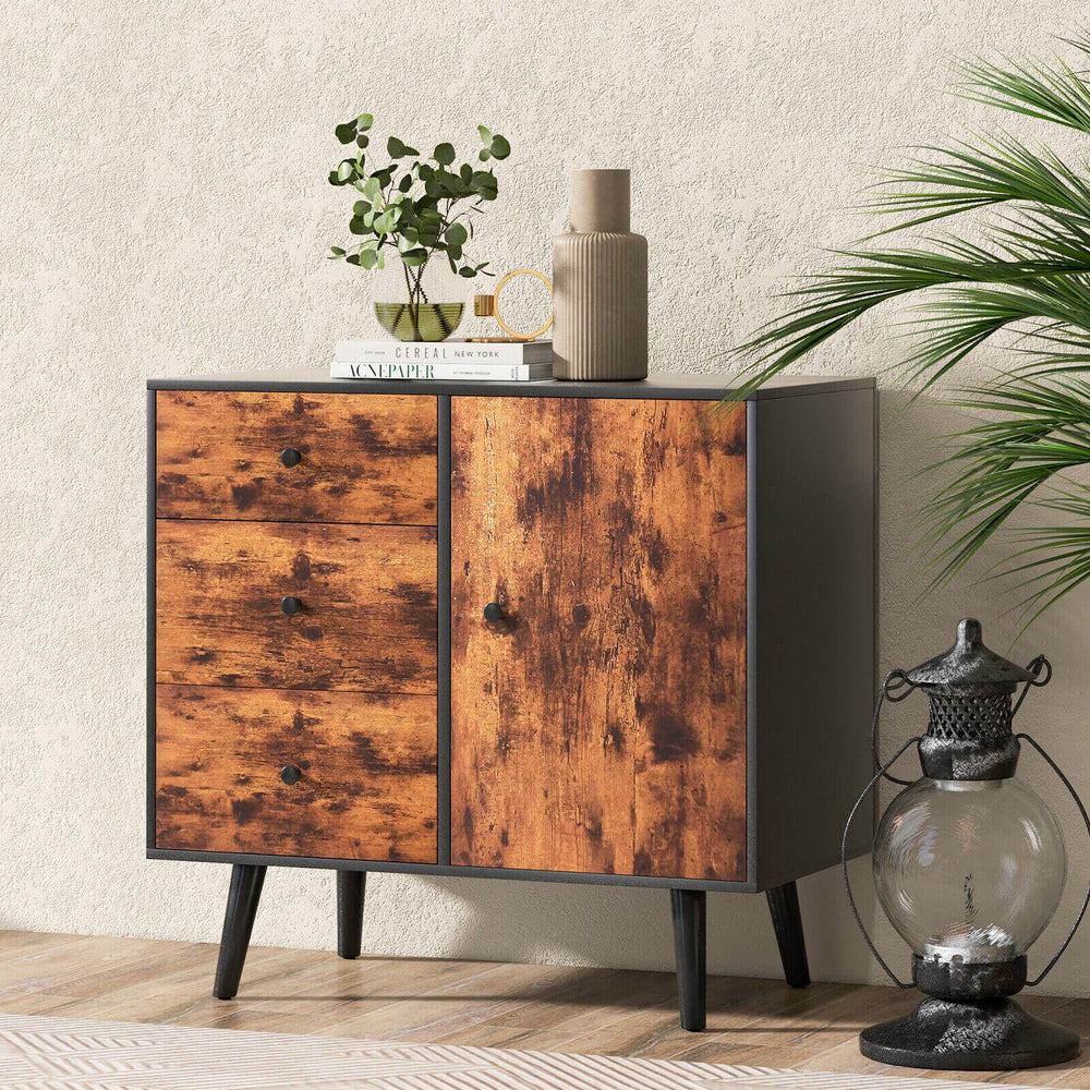 Mid-century wood storage cabinet featuring 3 drawers and a door, perfect for organizing daily necessities in style.