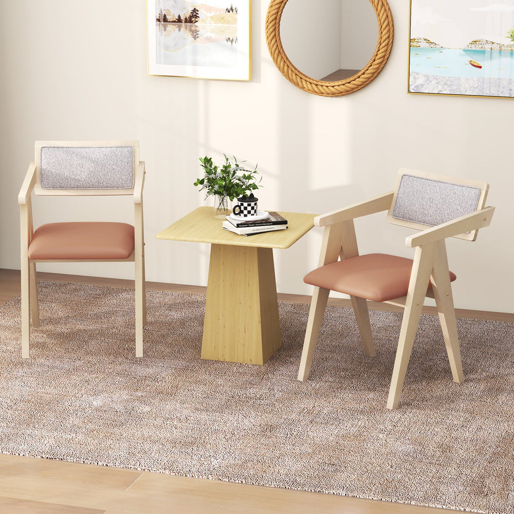 Mid Century Wooden Accent Chairs with Leathaire Seat Cushions Set of 2-Beige - Gallery View 1 of 9