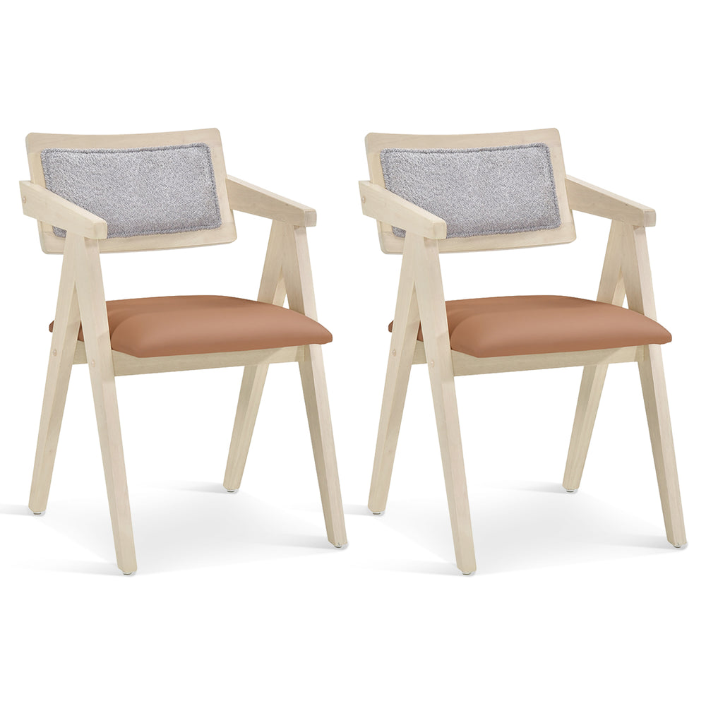 Set of 2 mid-century wooden accent chairs with leathaire seat cushions and sherpa backrests for versatile home decor.