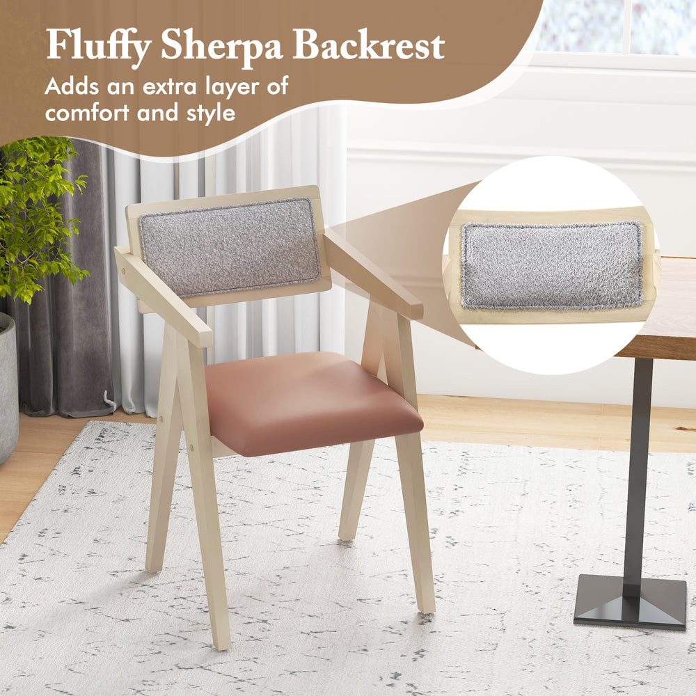 Mid-century wooden accent chair with soft sherpa backrest and leathaire seat, perfect for living room or dining room.
