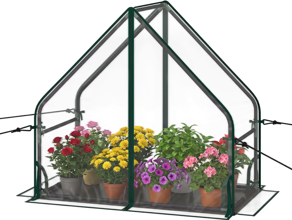 Mini greenhouse showcasing a sturdy metal frame and vibrant flowers, perfect for enhancing plant growth on balconies or.