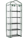Portable mini greenhouse with 5 tier shelves, rustproof frame, and roll-up door for easy plant access on balconies.