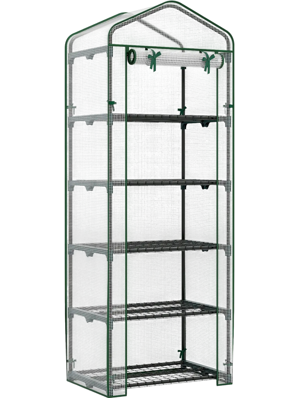 Portable mini greenhouse with 5 tier shelves, rustproof frame, and roll-up door for easy plant access on balconies.