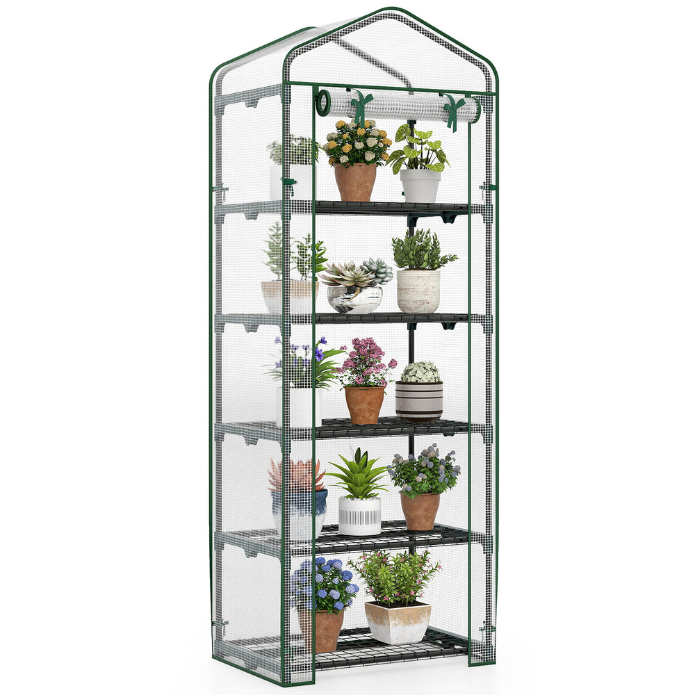Mini greenhouse with 5 tier shelves, rustproof metal frame, and roll-up door for easy plant access on balconies.