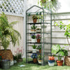 Mini greenhouse with 5 tier shelves, rustproof metal frame, and roll-up door, perfect for balcony plant organization.