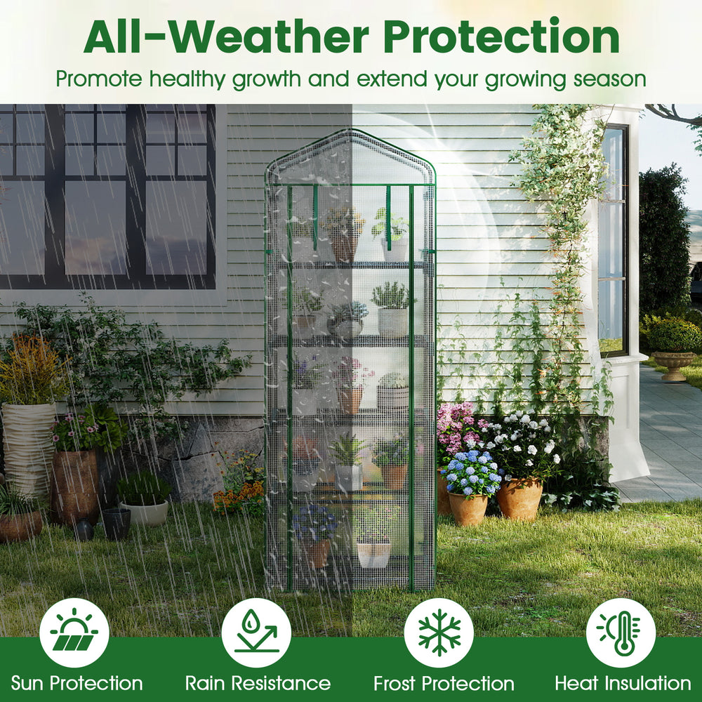 Mini greenhouse with 5 tier shelves, rustproof frame, and PE cover, ideal for balcony or terrace plant growth.