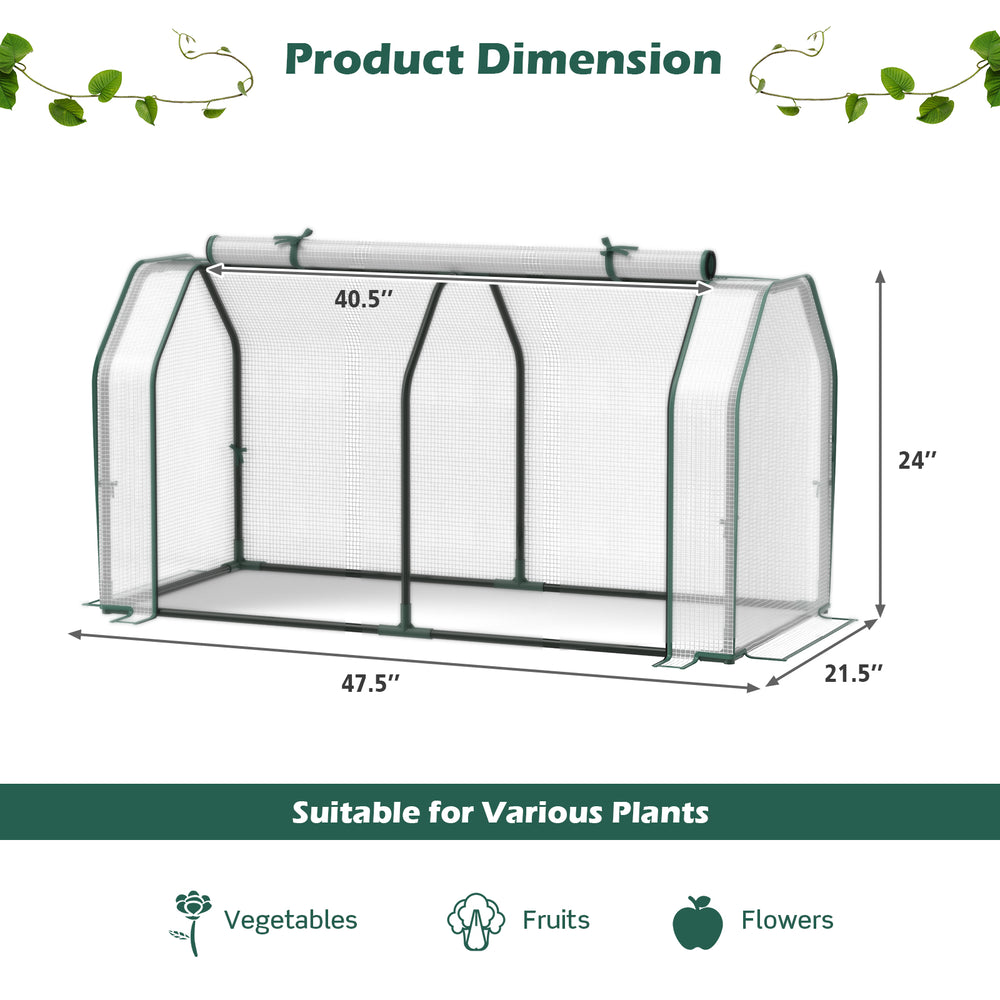 Mini greenhouse measuring 47.5 x 21.5 x 24 inches with roll-up zipper door, ideal for various plants and weather.