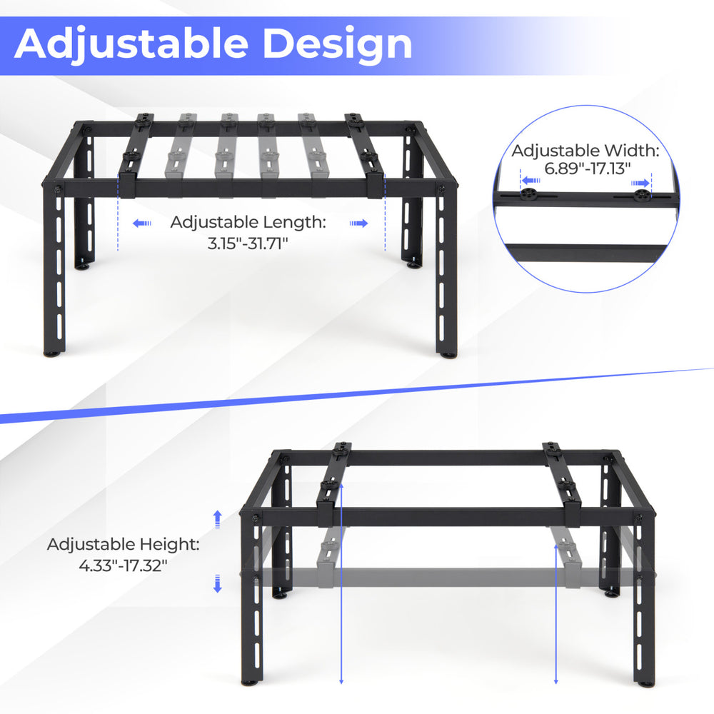 Adjustable Mini Split Ground Stand for ductless AC units, featuring a sturdy black metal frame and customizable height.