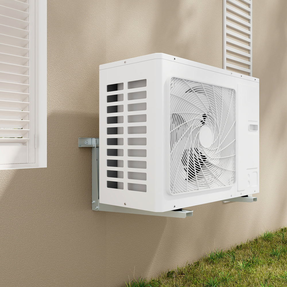 Mini split wall mounting bracket for 12000-24000 BTU AC, showcasing its off-ground design and anti-vibration dampers.