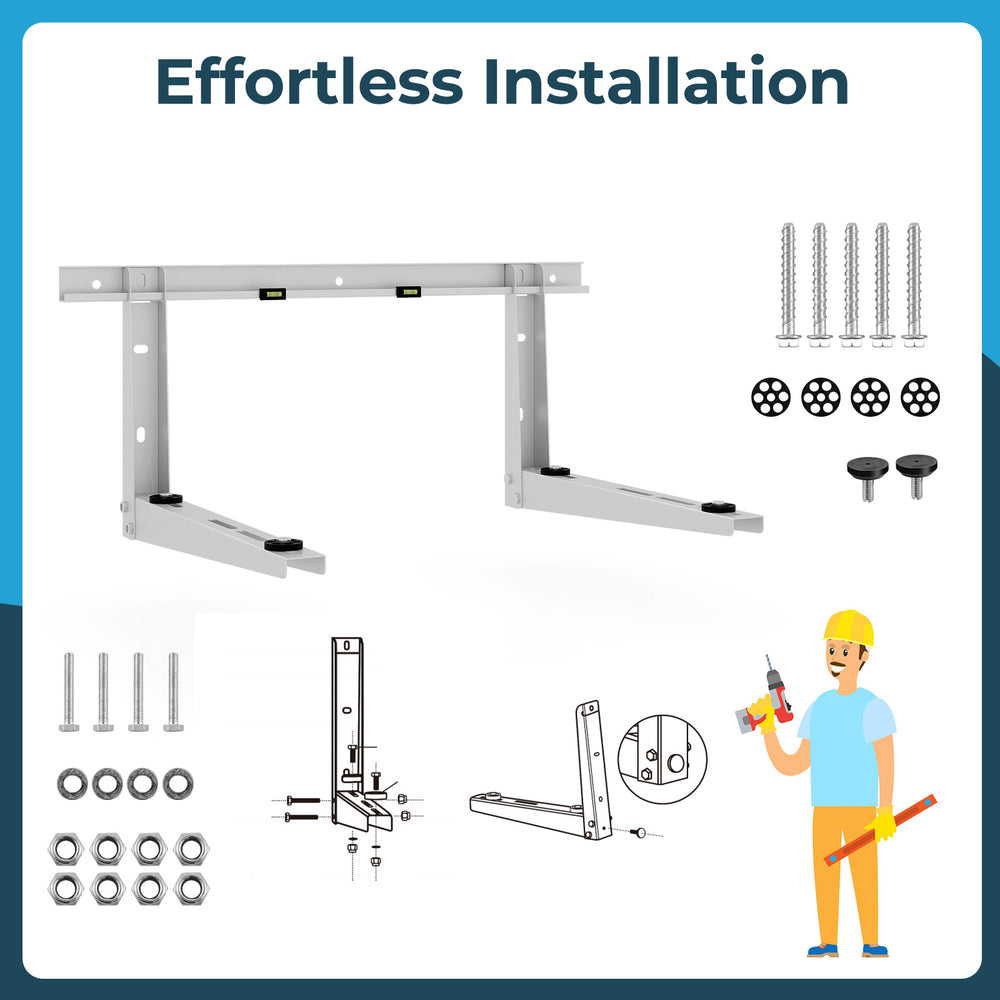 Mini split wall mounting bracket made of zinc-coated steel with adjustable crossbar for 12000-24000 BTU AC units.