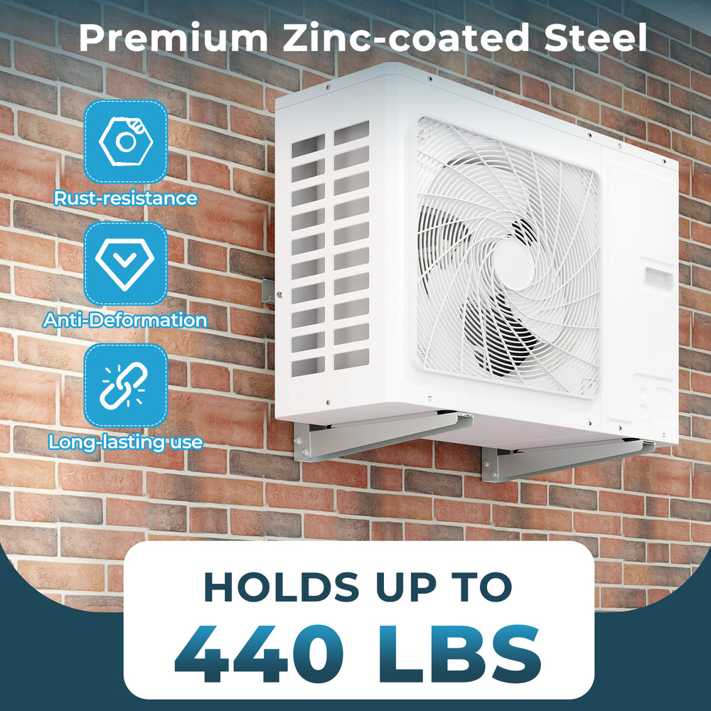 Mini split wall mounting bracket made of zinc-coated steel, holds up to 440 lbs, designed for 6000-12000 BTU AC units.