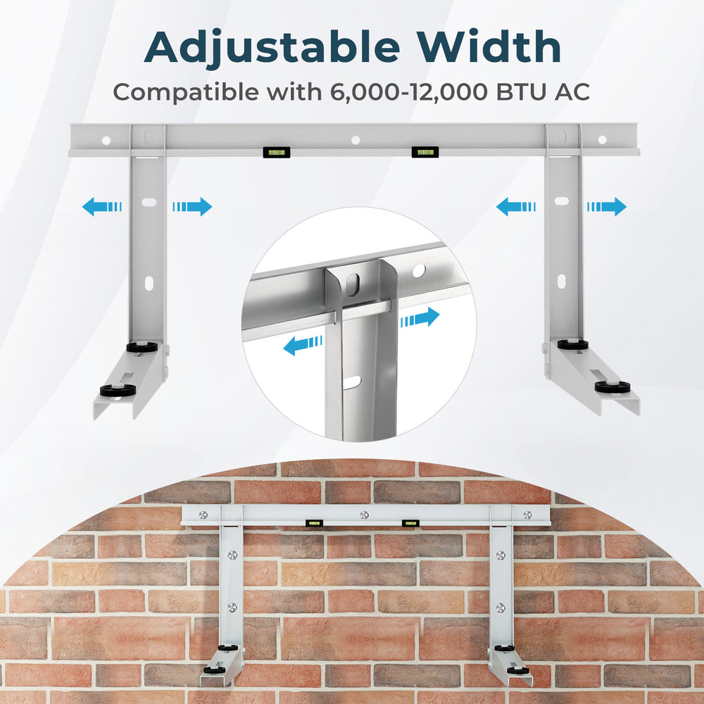 Adjustable width mini split wall mounting bracket with magnetic levels, designed for 6000-12000 BTU ductless AC units.