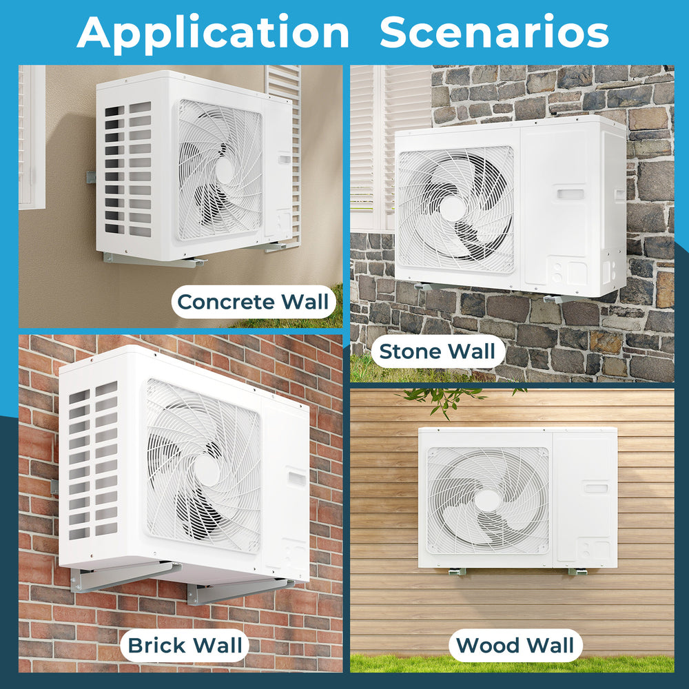 Mini split wall mounting bracket for 6000-12000 BTU AC, shown on various wall types for versatile installation options.