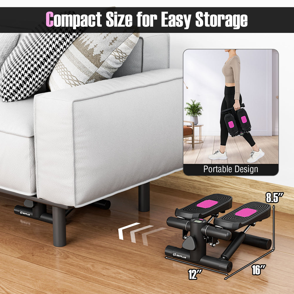 Compact mini stepper with resistance bands, designed for easy storage and portability, perfect for home exercise.
