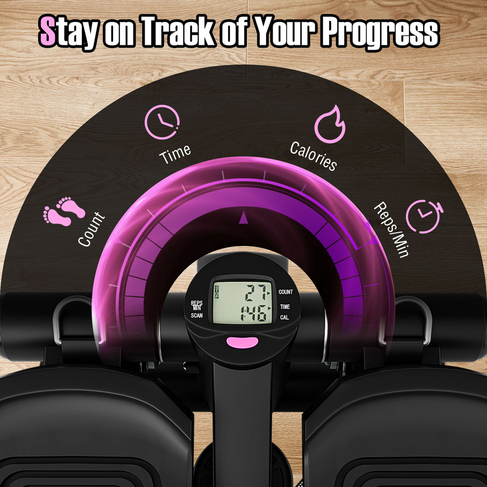 Digital display of the mini stepper shows time, calories, count, and reps/min for tracking workout progress.