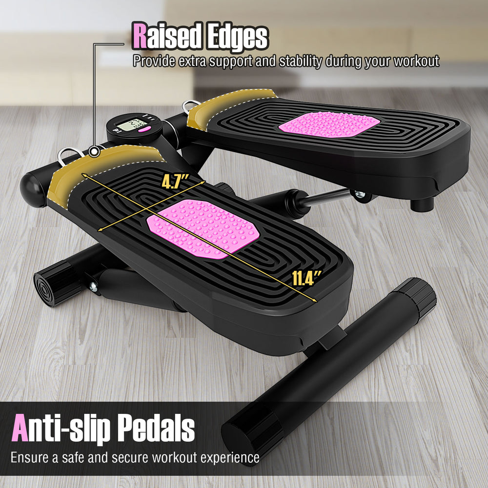 Mini stepper with anti-slip pedals and raised edges, designed for safe home workouts and adjustable height.