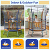 Mini trampoline for kids with safety enclosure net, padded handrails, and breathable jumping mat for indoor and outdoor.