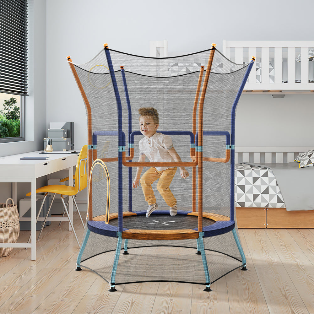 Mini trampoline for kids with safety enclosure net, padded handrails, and vibrant orange design for indoor and outdoor.