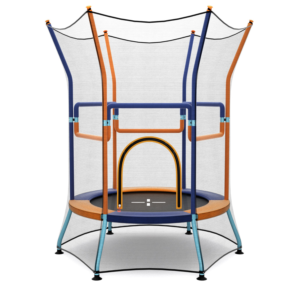 Mini trampoline for kids with safety enclosure net, padded handrails, and vibrant orange design for secure bouncing fun.