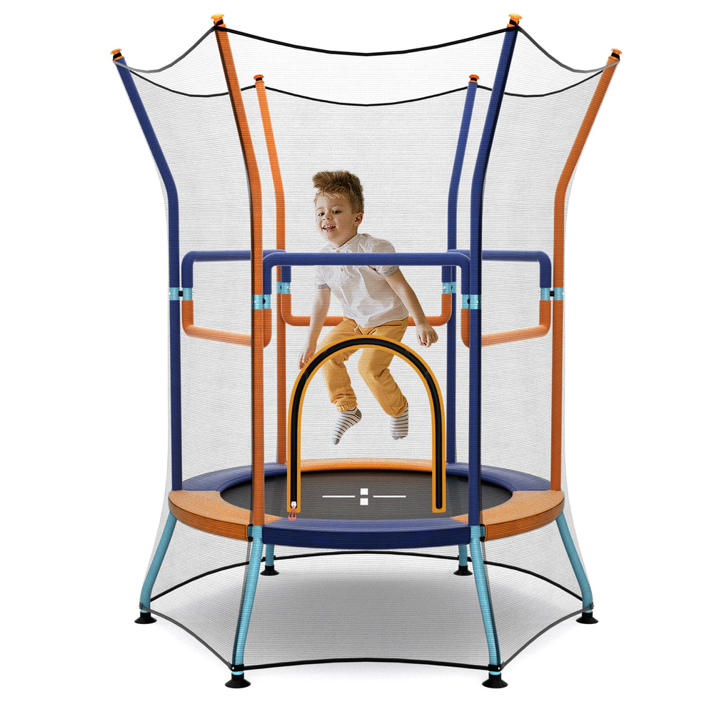 Mini trampoline for kids with safety enclosure net and padded handles, designed for secure indoor and outdoor bouncing.