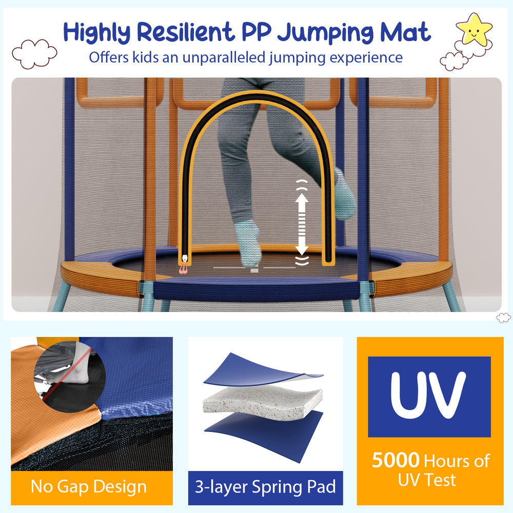 Mini trampoline for kids with safety enclosure net, padded handrails, and breathable jumping mat for secure bouncing.