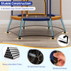 Mini trampoline for kids featuring a safety enclosure net, padded handrails, and stable arched legs for secure bouncing.