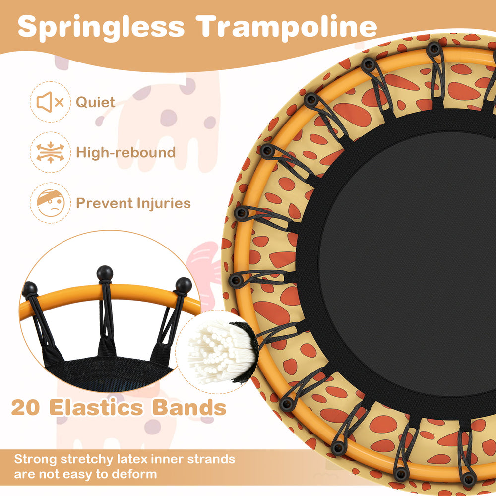 Mini trampoline for toddlers in orange, featuring foam-padded handle and safety cover, designed for injury prevention.