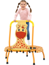 Mini trampoline for toddlers in orange with a giraffe design, featuring a foam-padded handle for safety and comfort.
