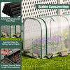 Mini tunnel greenhouse with roll-up zipper door, rustproof metal frame, and U-shaped stakes for stability and wind.