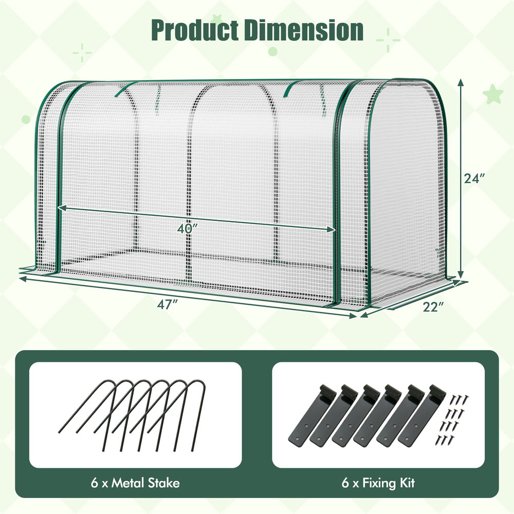 Mini tunnel greenhouse with roll-up zipper door, PE cover, rustproof metal frame, dimensions 40" x 22" x 24".