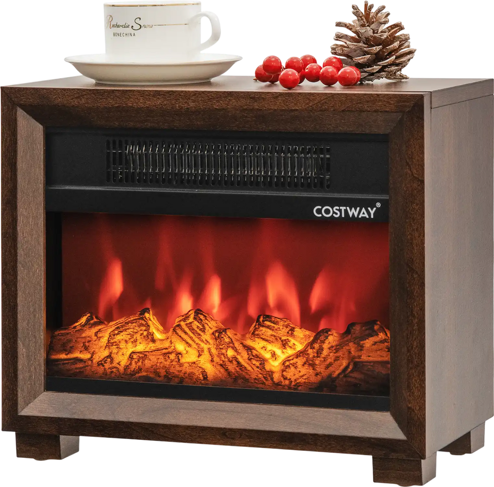 Mini wooden tabletop fireplace with realistic flame effect, 750W heating power, perfect for cozy spaces.