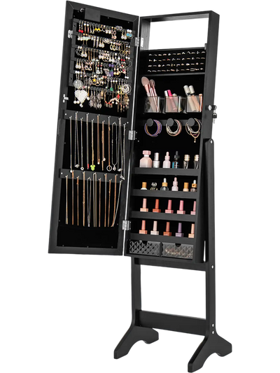 Costway Mirror Jewelry Cabinet Armoire 20 Warm Lights 4 Tilt Angles Black 82673495 New