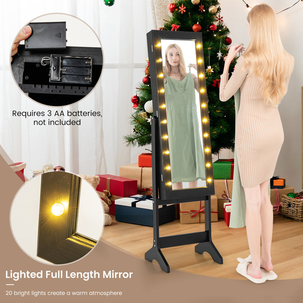Full-length mirror jewelry cabinet in black with 20 warm lights and 4 tilt angles, perfect for outfit viewing and.