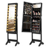 Full-length black mirror jewelry cabinet with 20 warm lights, featuring ample storage and 4 tilt angles for versatile.