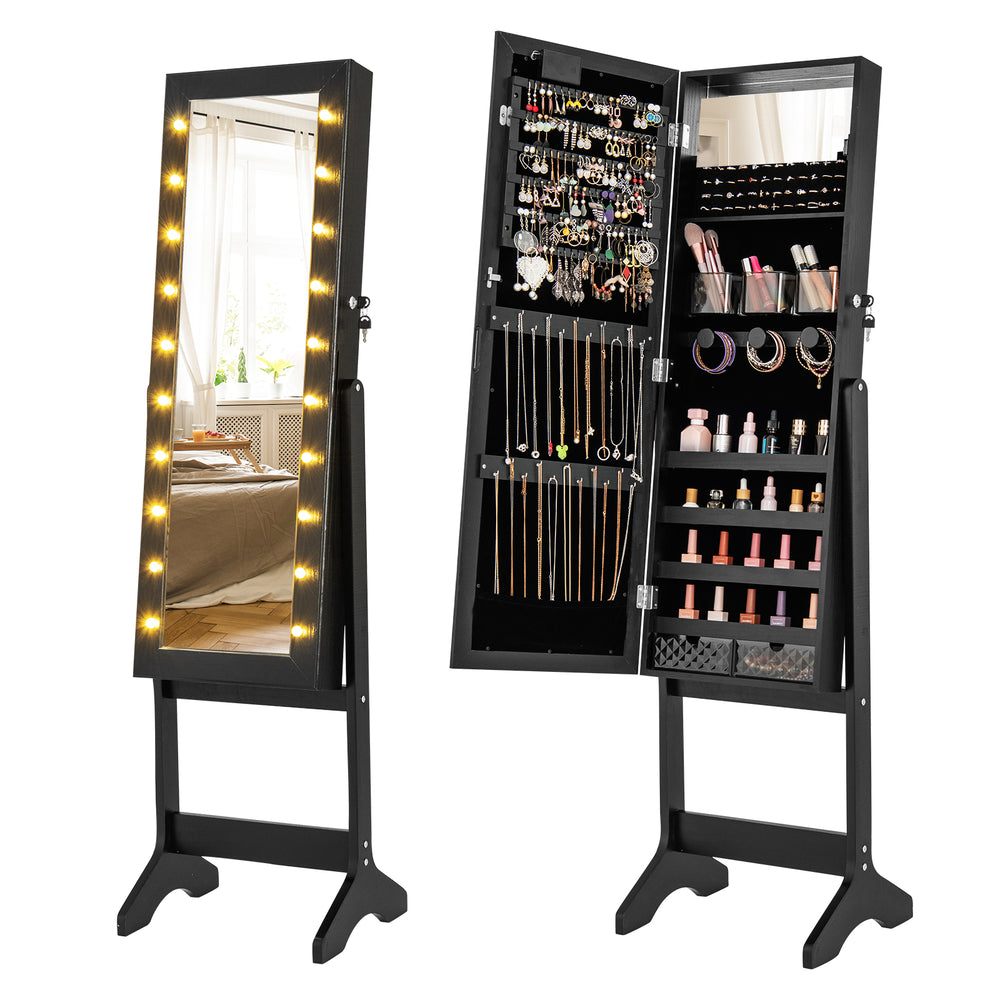 Full-length black mirror jewelry cabinet with 20 warm lights, featuring ample storage and 4 tilt angles for versatile.