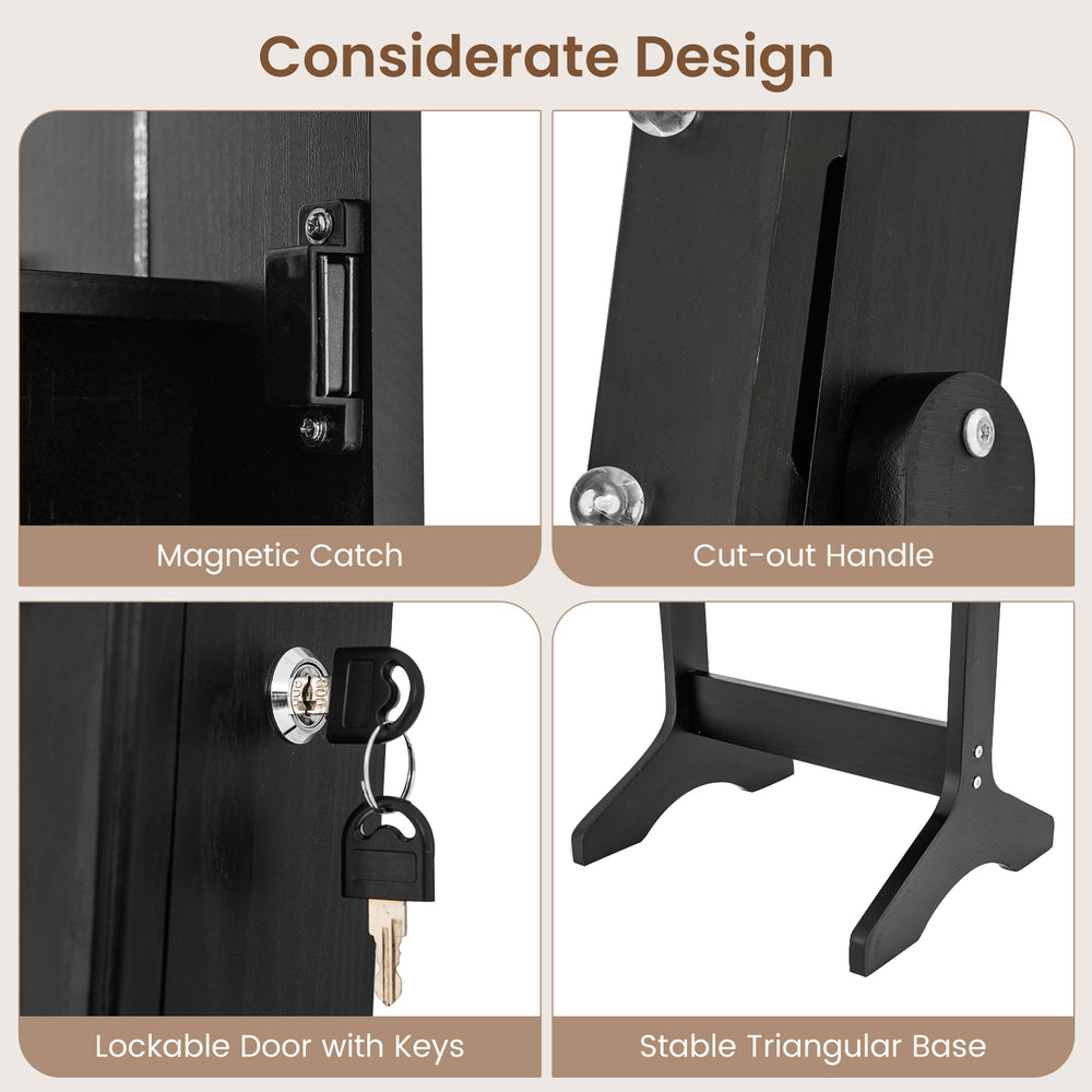 Close-up of the lockable door with keys and magnetic catch on the black mirror jewelry cabinet for secure storage.