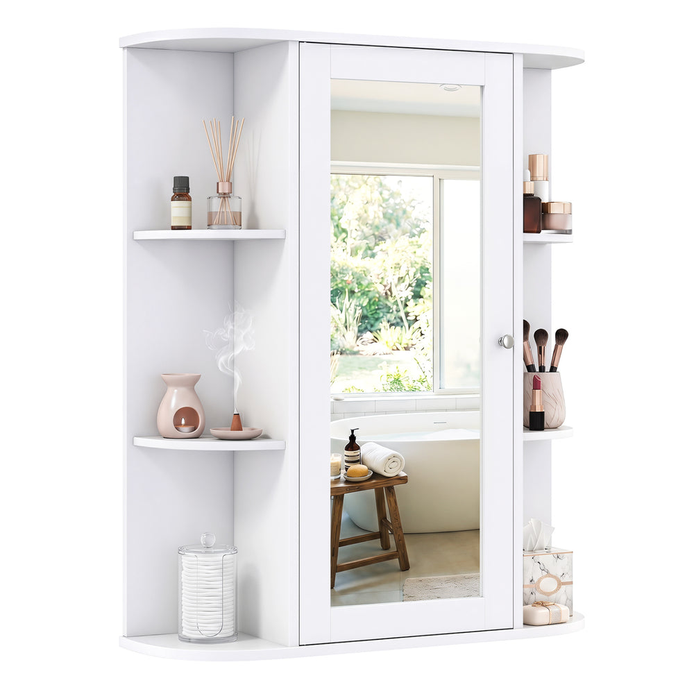 Mirrored bathroom medicine cabinet in white features a single mirror door and adjustable shelves for versatile storage.