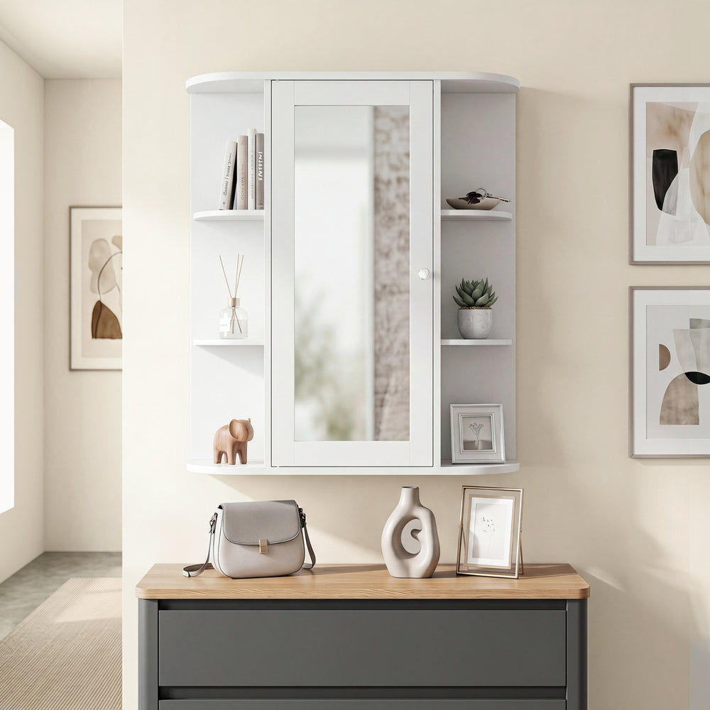 Mirrored bathroom medicine cabinet in white features adjustable shelves and a sleek design for versatile storage.