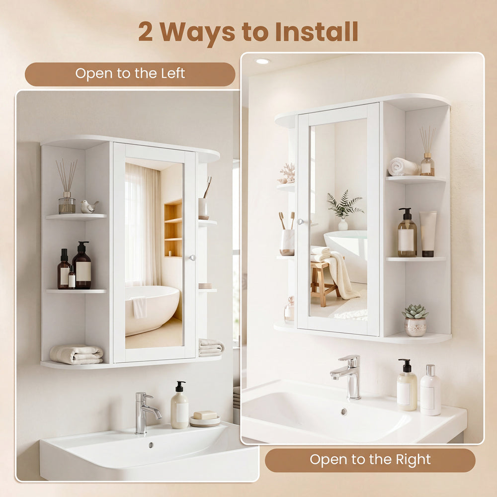 Mirrored bathroom medicine cabinet in white with adjustable shelves, designed for left or right opening installation.