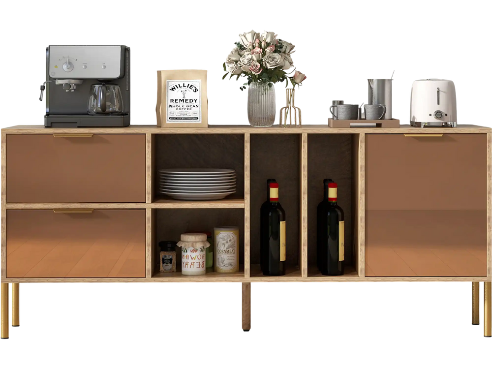 Mirrored buffet cabinet with 2 drawers and 1 door, featuring open compartments for storage in natural color.
