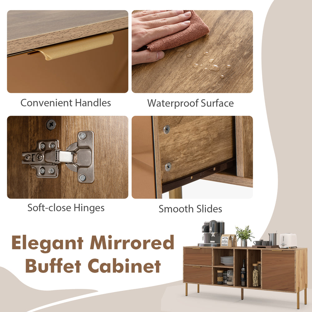 Mirrored buffet cabinet with natural finish, featuring 2 drawers, 1 door, and waterproof surface for versatile storage.