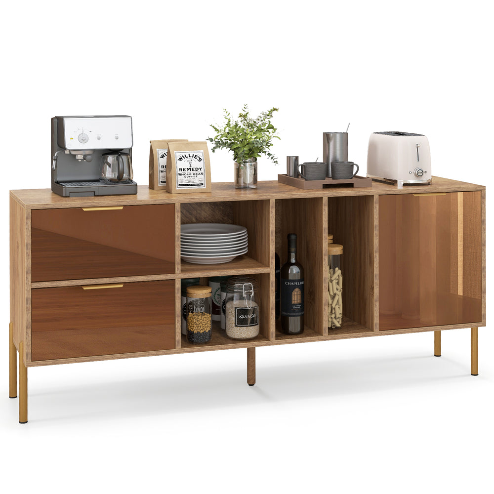 Mirrored buffet cabinet with 2 drawers and 1 door, featuring natural wood finish and open compartments for versatile.
