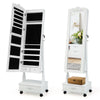 Rolling floor standing jewelry armoire in white with full-length mirror, lockable design, and LED lights for easy.