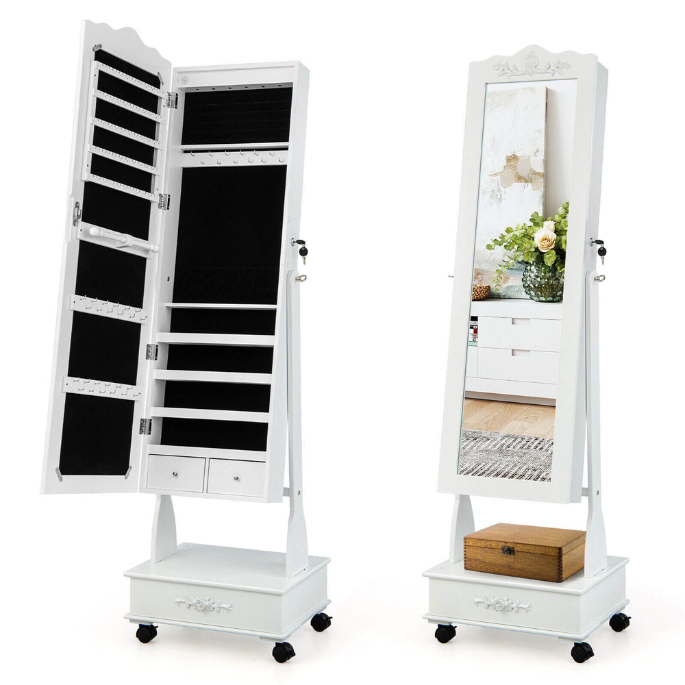 Rolling floor standing jewelry armoire in white with full-length mirror, lockable design, and LED lights for easy.