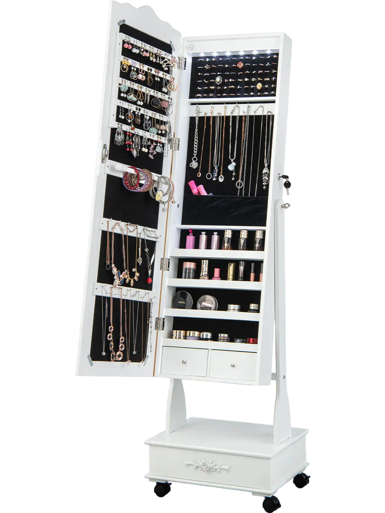 Costway Rolling Mirrored Jewelry Armoire with Lock & Drawers 59843721 New