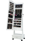Rolling floor standing mirrored jewelry armoire in white with LED lights, lockable design, and adjustable tilt for easy.
