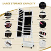 Rolling floor standing mirrored jewelry armoire in white with lock, LED lights, and ample storage for jewelry.