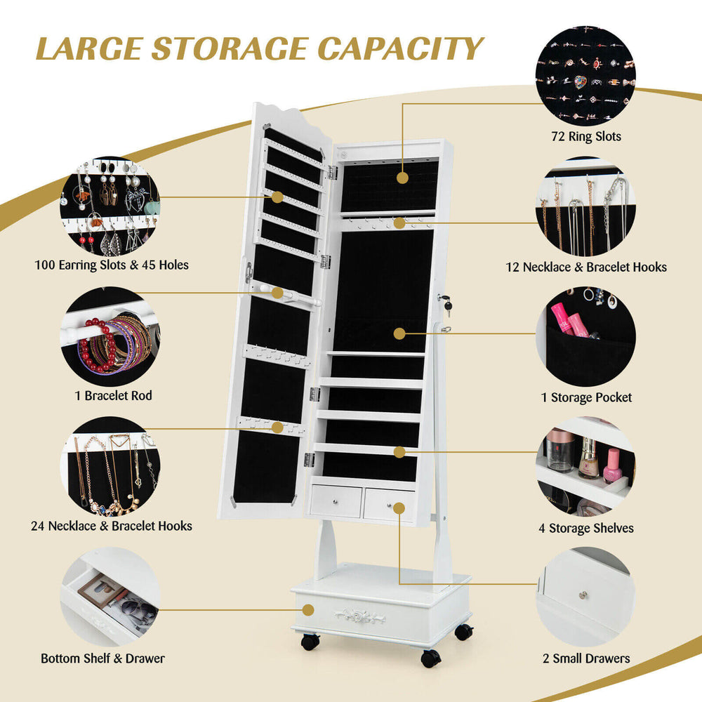 Rolling floor standing mirrored jewelry armoire in white with lock, LED lights, and ample storage for jewelry.