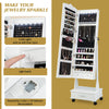Close-up view of the white jewelry armoire's LED light switch and embedded door handle for easy access and convenience.