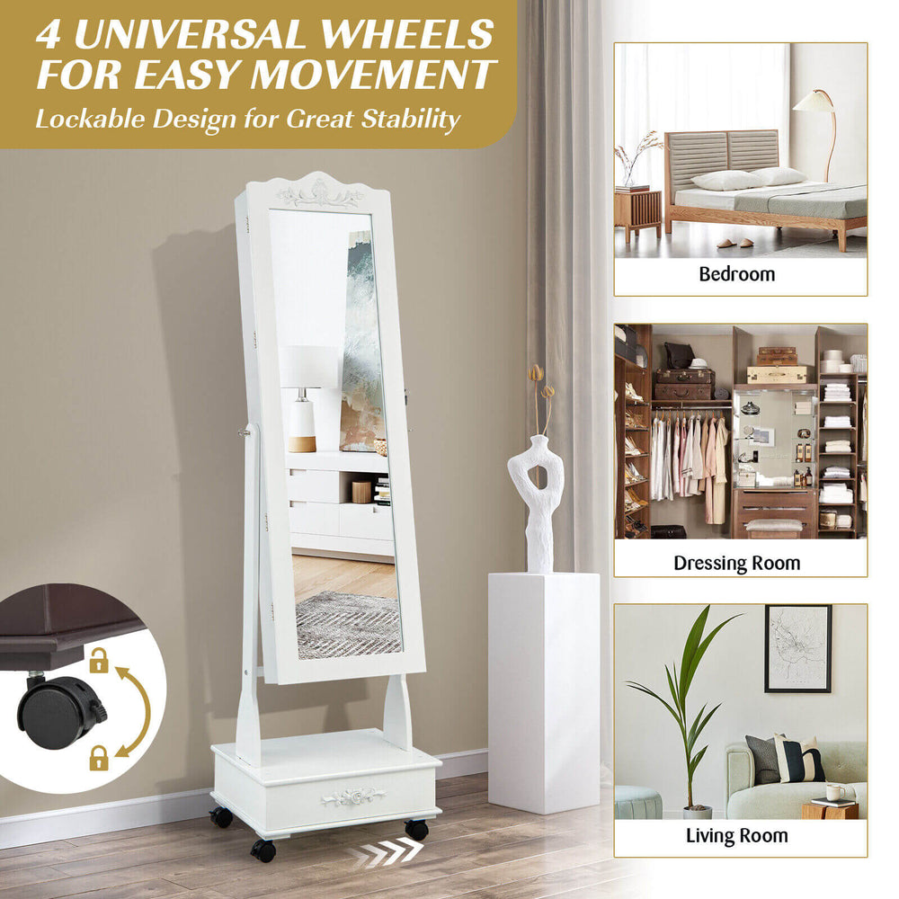 Full-length white mirrored jewelry armoire on wheels with lockable design, featuring drawers and LED lights for storage.